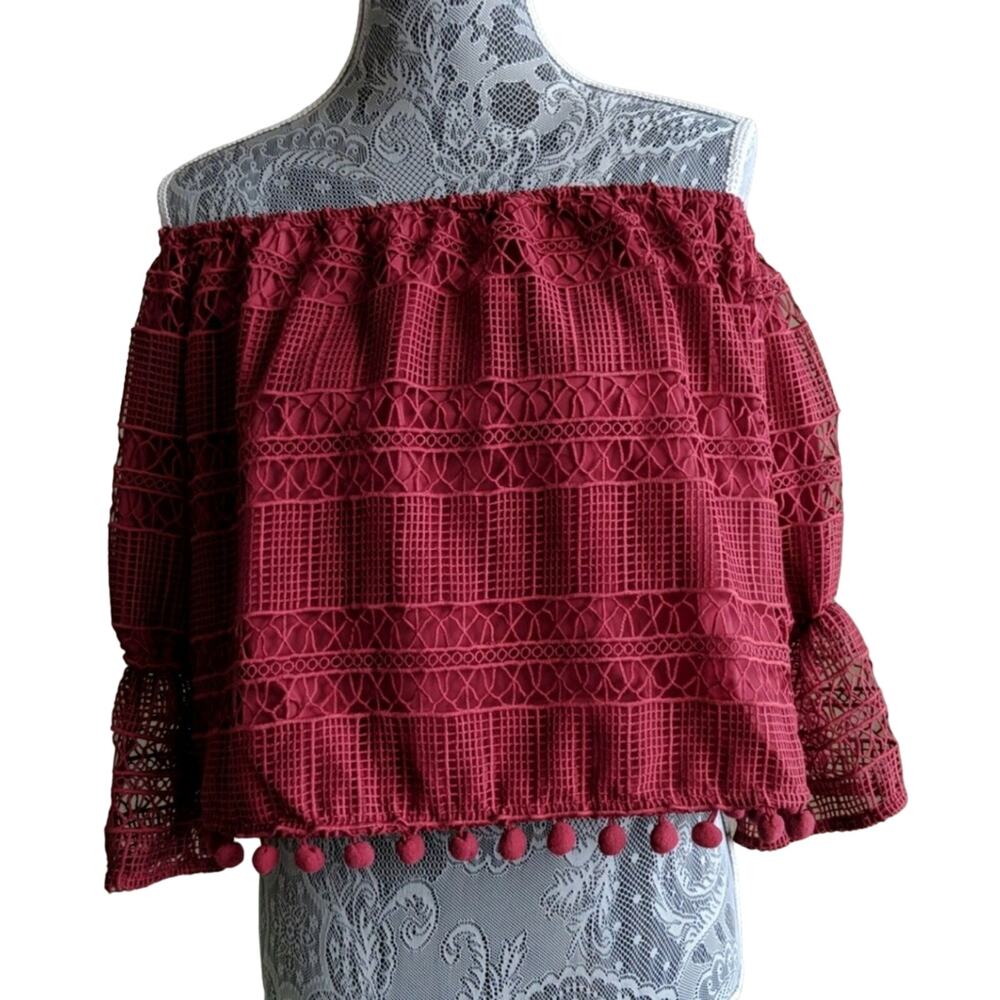 Tularosa Alexa Top Berry Off the Shoulder Crochet Bell Sleeve Pom Pom M New